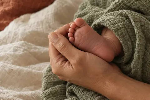 Une main d'adulte tient le pied d'un nouveau-né, photo d'illustration