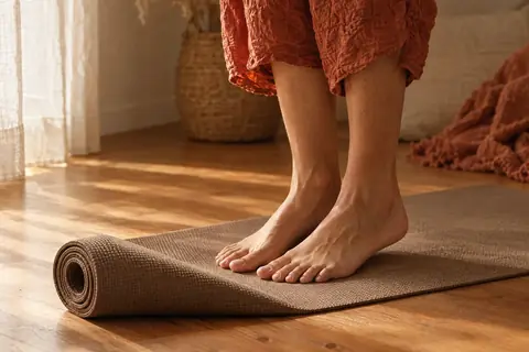Pieds nus posés sur un tapis déroulé, photo d'illustration
